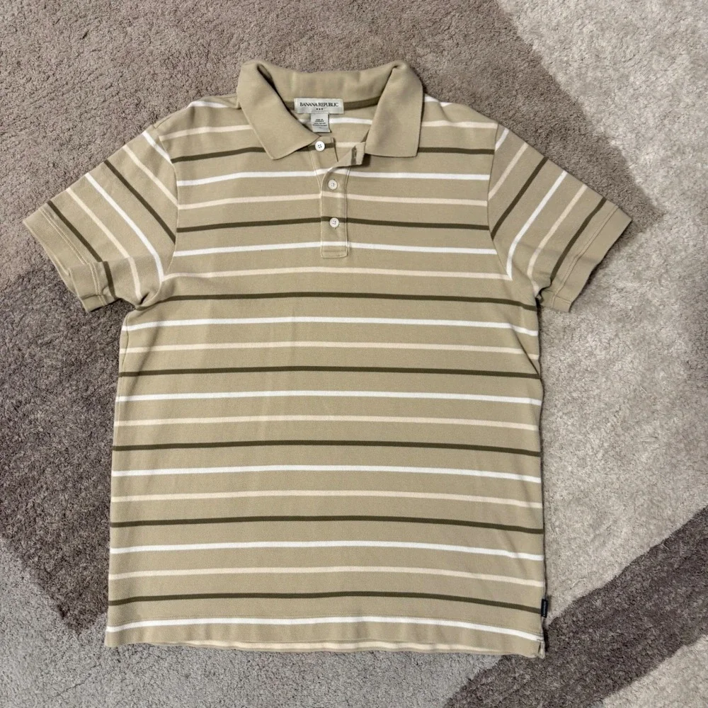 Banana Republic Mens Tan Olive Green Striped Pique Polo Shirt Short Sleeve XL